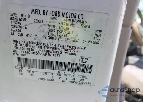 2010 Ford Escape Xlt z USA, uszkodzony, nr VIN 1FMCU0D72AKB81676